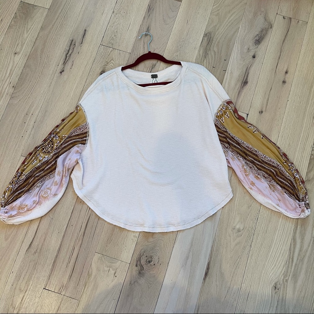 Free people waffle knit scarf sleeve top lite pink